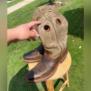 Ariat Brown and Tan Cowboy Boots with Decorative Stitching